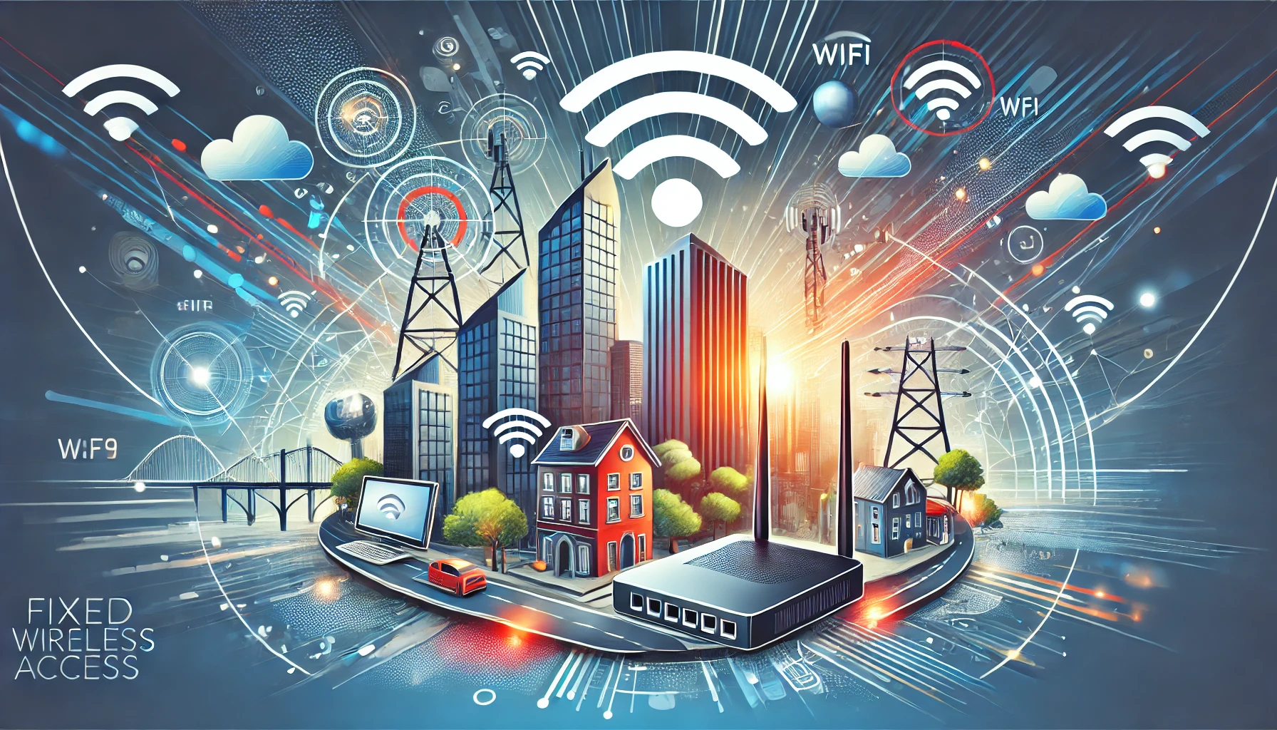 A modern and dynamic illustration depicting the launch of a fixed wireless access service. Include elements like wireless routers, WiFi signals, and a