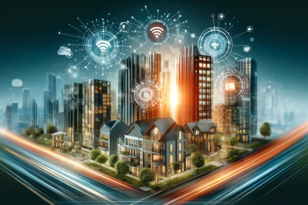 A modern and dynamic illustration depicting advanced communication services in real estate projects. Include elements like high-speed internet, smart