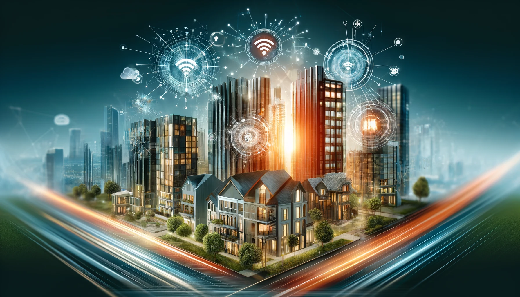 A modern and dynamic illustration depicting advanced communication services in real estate projects. Include elements like high-speed internet, smart