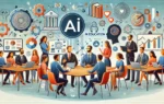 A professional and modern illustration depicting a consultation on AI in education. Include elements like diverse stakeholders discussing, AI technology