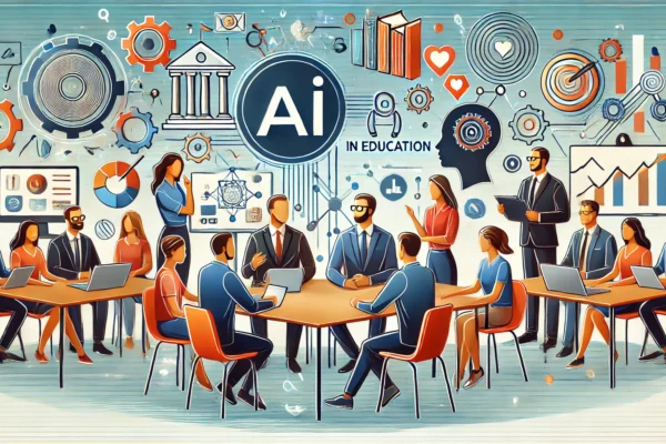 A professional and modern illustration depicting a consultation on AI in education. Include elements like diverse stakeholders discussing, AI technology