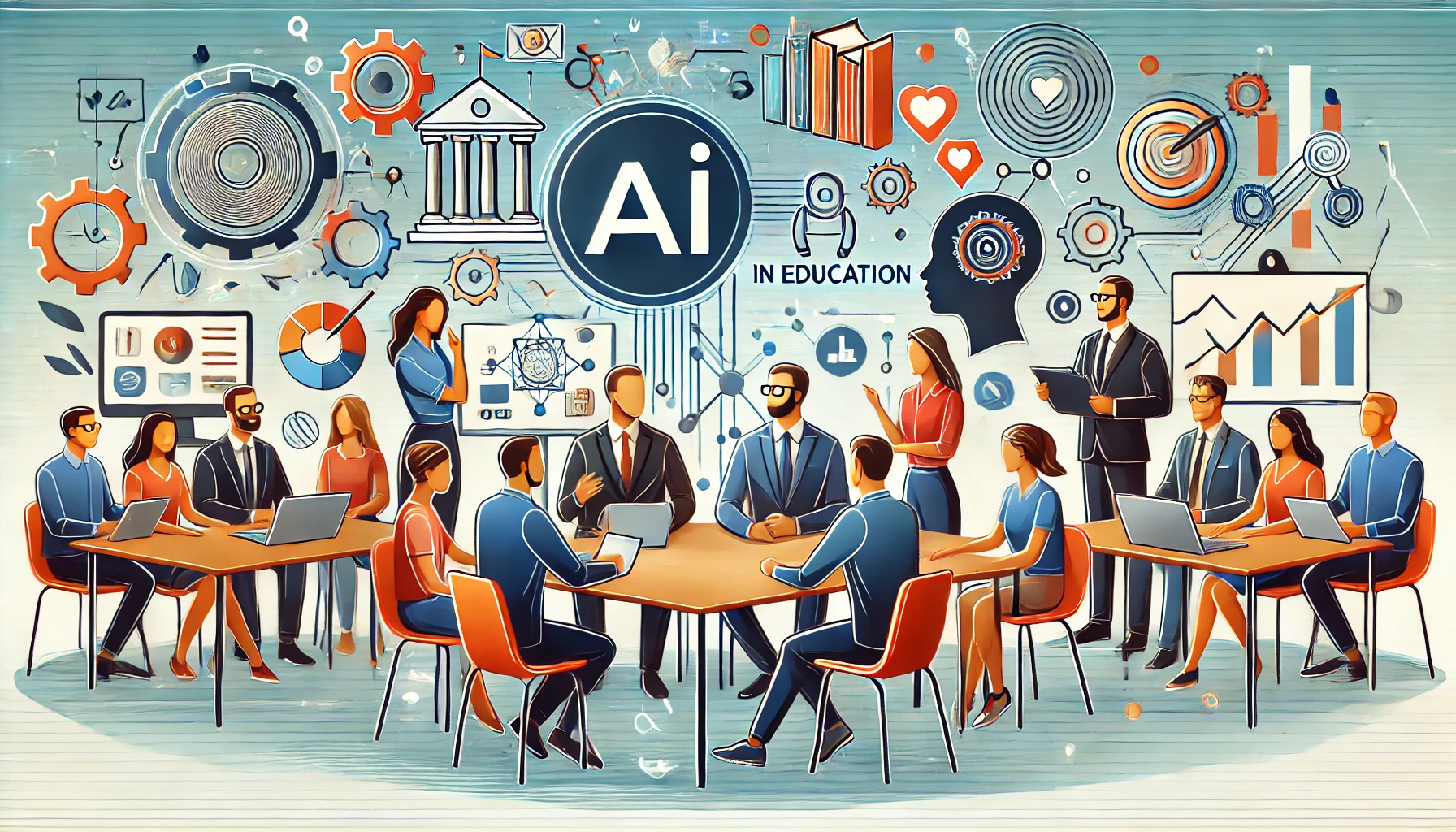 A professional and modern illustration depicting a consultation on AI in education. Include elements like diverse stakeholders discussing, AI technology