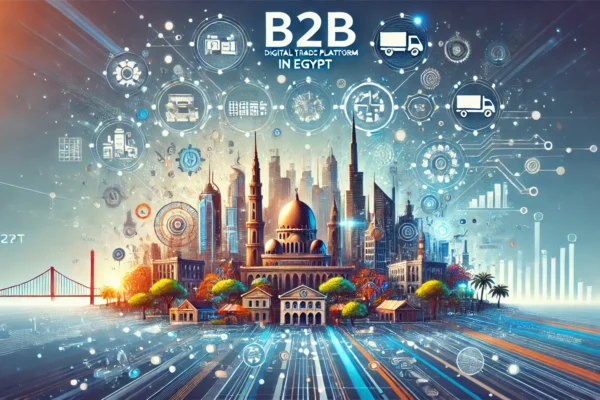 A dynamic and modern illustration depicting a B2B digital trade platform in Egypt. Include elements like digital connections between retailers, wholes