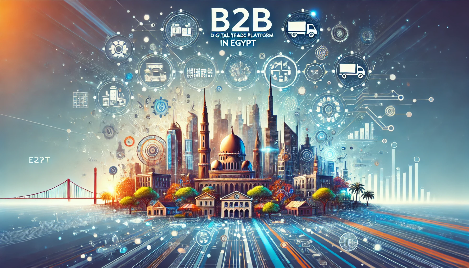 A dynamic and modern illustration depicting a B2B digital trade platform in Egypt. Include elements like digital connections between retailers, wholes