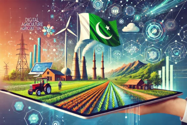 A modern and dynamic illustration depicting the launch of the Digital Agriculture Consortium in Pakistan. Include elements like digital farming technology