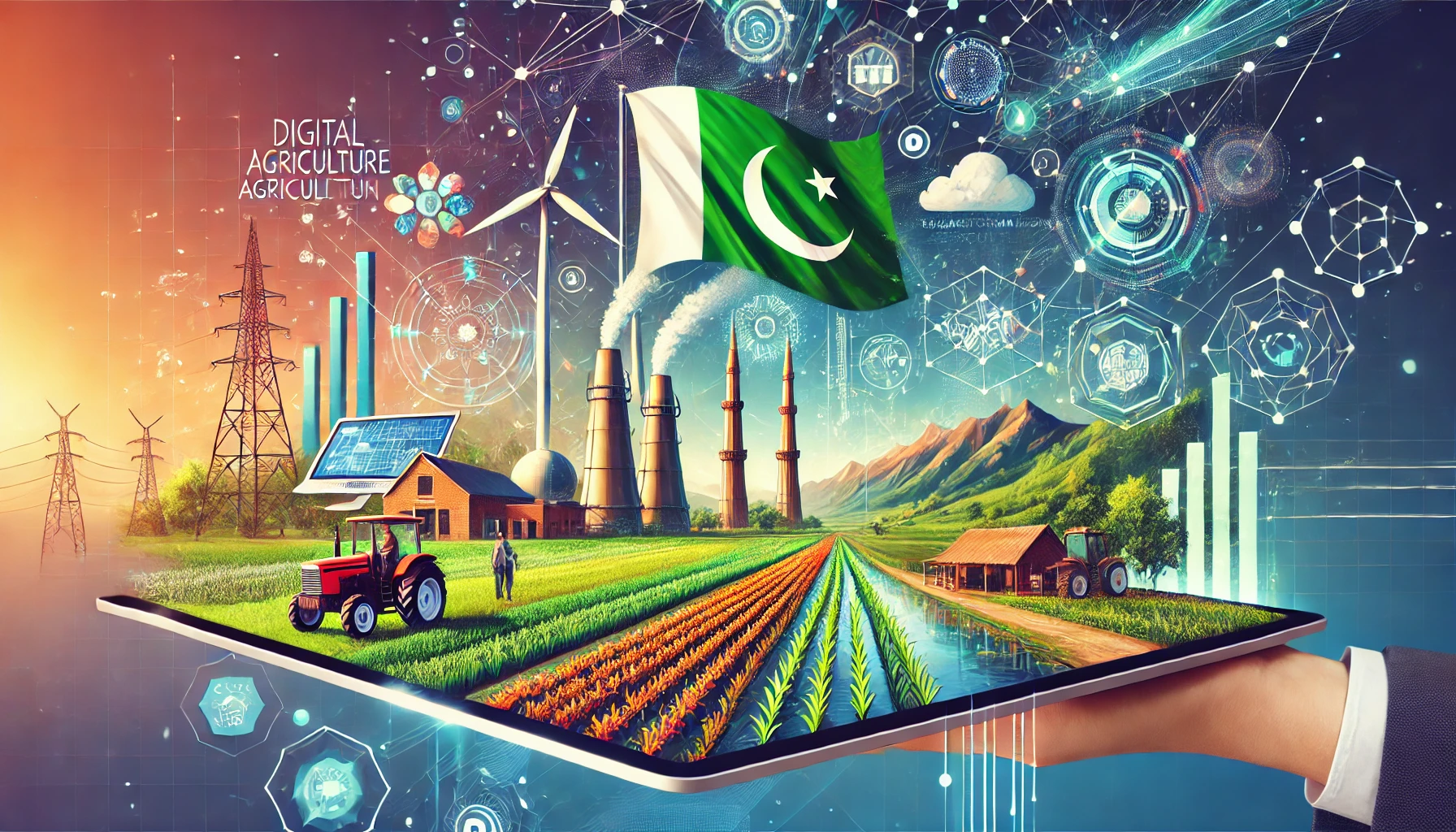 A modern and dynamic illustration depicting the launch of the Digital Agriculture Consortium in Pakistan. Include elements like digital farming technology