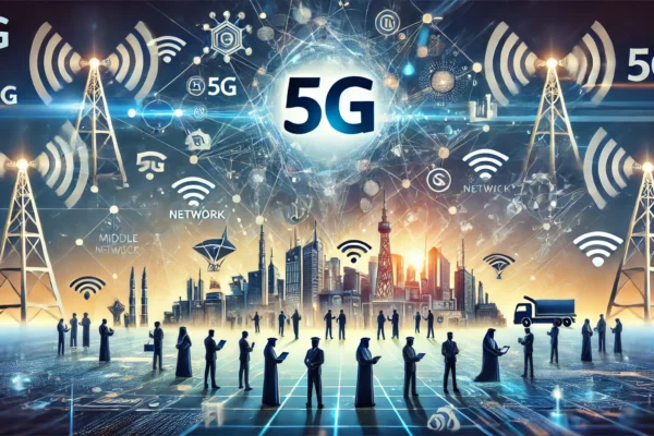 A modern and dynamic illustration depicting the enhancement of 5G technologies in the Middle East and Africa. Include elements like 5G network symbols