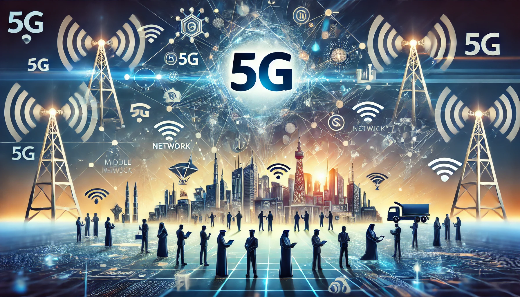 A modern and dynamic illustration depicting the enhancement of 5G technologies in the Middle East and Africa. Include elements like 5G network symbols