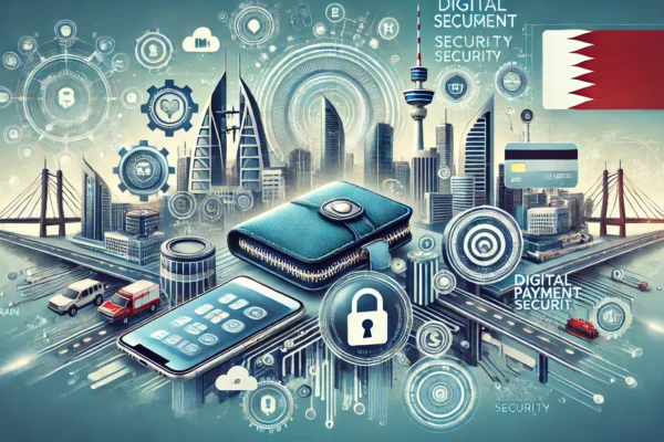 A modern and dynamic illustration depicting digital payment security. Include elements like a mobile wallet, secure payment symbols, and a Bahrain sky