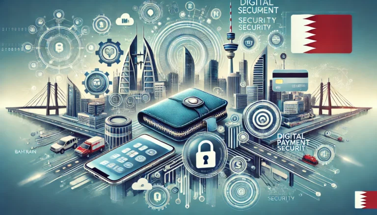 A modern and dynamic illustration depicting digital payment security. Include elements like a mobile wallet, secure payment symbols, and a Bahrain sky