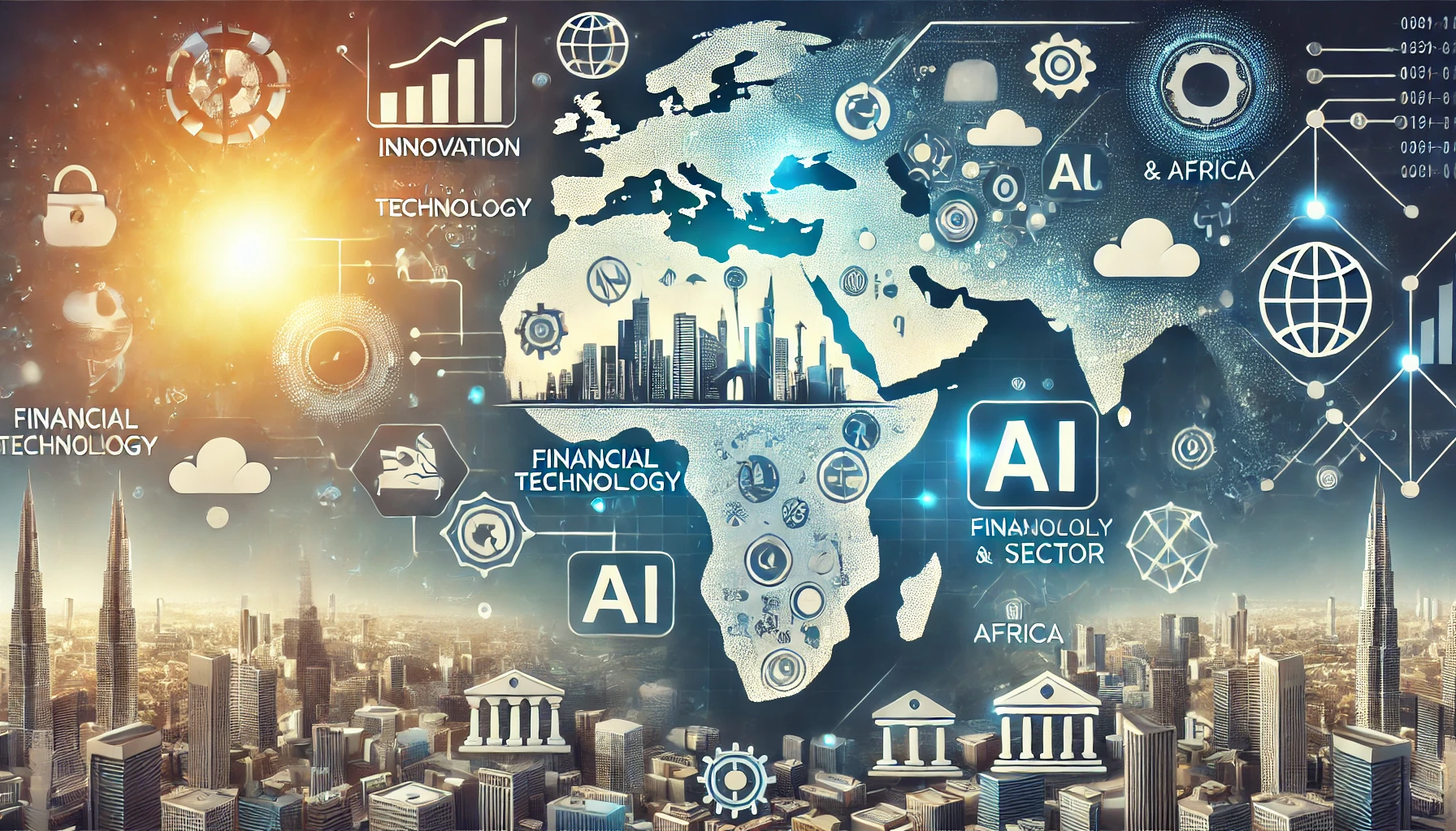 A modern and dynamic illustration depicting the expansion of AI technologies in the financial sector across the GCC and Africa. Include elements like