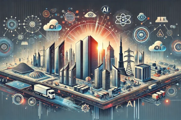 A modern and dynamic illustration depicting the strategic vision for the Data Centre Economy in Dubai. Include elements like data centres, AI technology