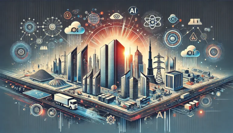 A modern and dynamic illustration depicting the strategic vision for the Data Centre Economy in Dubai. Include elements like data centres, AI technology