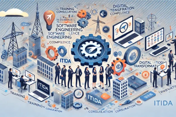 A professional and modern illustration depicting the collaboration between ITIDA and Informatique to enhance software engineering competence. Include