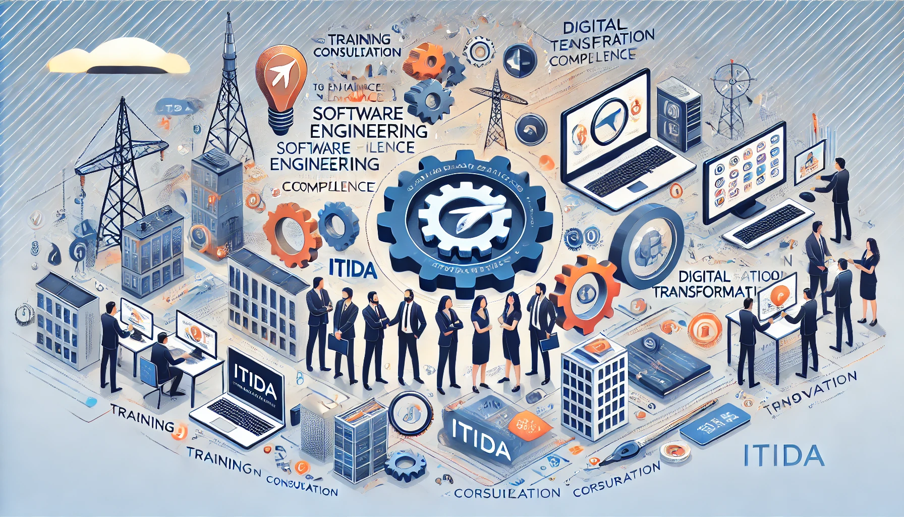 A professional and modern illustration depicting the collaboration between ITIDA and Informatique to enhance software engineering competence. Include