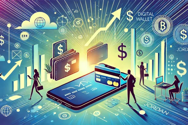 A modern and dynamic illustration depicting the rise of e-wallet usage in Jordan. Include elements like mobile phones, digital wallet icons, and financial