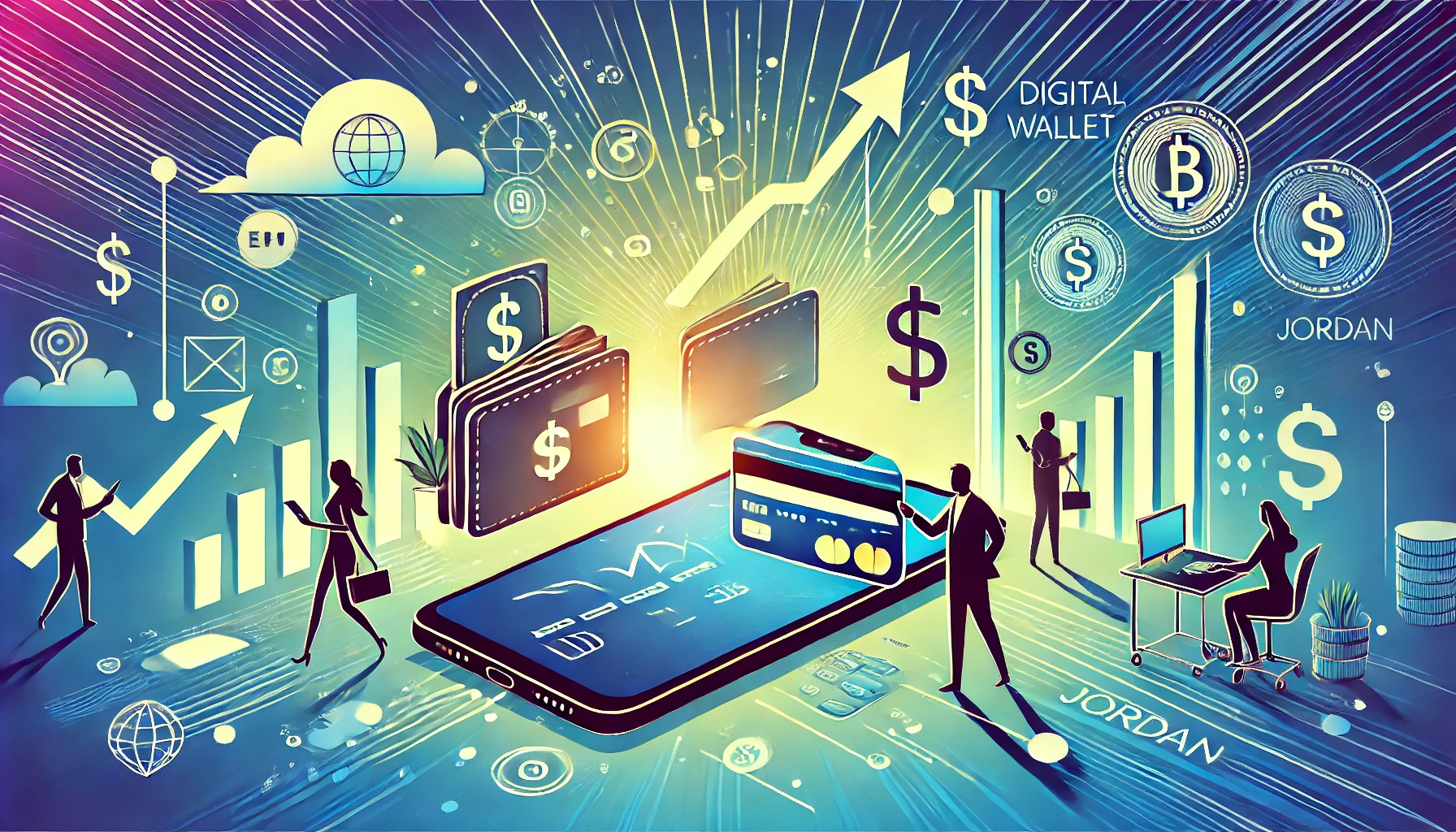 A modern and dynamic illustration depicting the rise of e-wallet usage in Jordan. Include elements like mobile phones, digital wallet icons, and financial