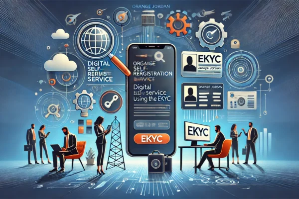 A professional and modern illustration depicting Orange Jordan's Digital Self-Registration Service using the eKYC system. Include elements like mobile