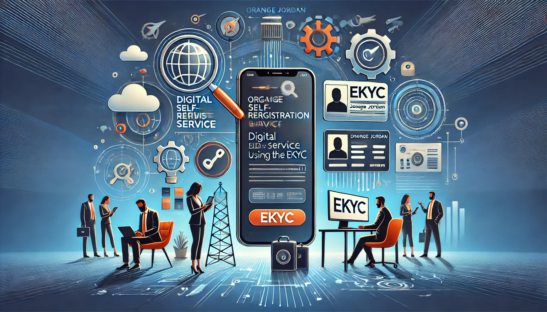 A professional and modern illustration depicting Orange Jordan's Digital Self-Registration Service using the eKYC system. Include elements like mobile