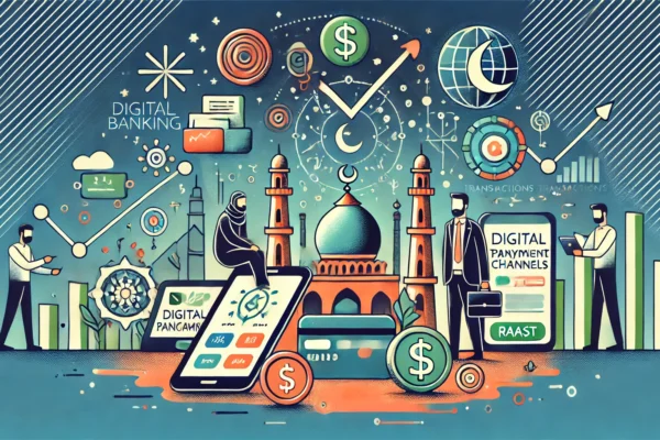 A professional and modern illustration depicting the significant growth in digital transactions in Pakistan. Include elements like mobile banking, dig