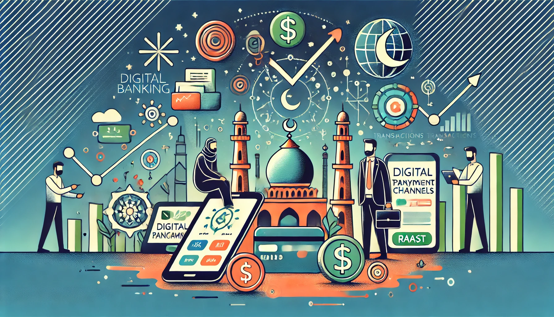 A professional and modern illustration depicting the significant growth in digital transactions in Pakistan. Include elements like mobile banking, dig