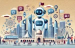 A modern and professional illustration depicting the launch of 'Talib,' an AI-powered chatbot by the Ministry of Education and Higher Education in Qatar