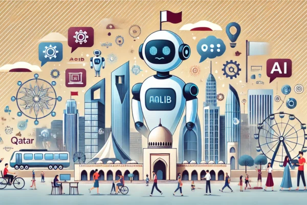 A modern and professional illustration depicting the launch of 'Talib,' an AI-powered chatbot by the Ministry of Education and Higher Education in Qatar