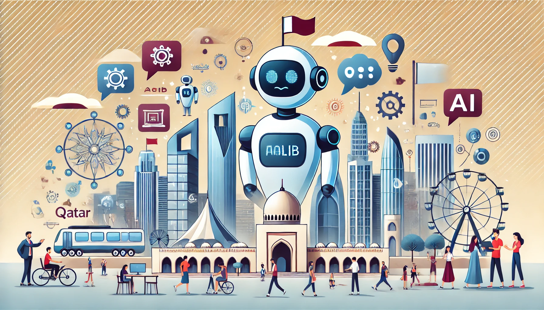 A modern and professional illustration depicting the launch of 'Talib,' an AI-powered chatbot by the Ministry of Education and Higher Education in Qatar