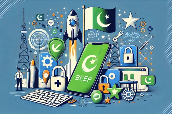 A modern and professional illustration depicting the launch of 'Beep,' a secure messaging app developed by Pakistani engineers. Include elements like