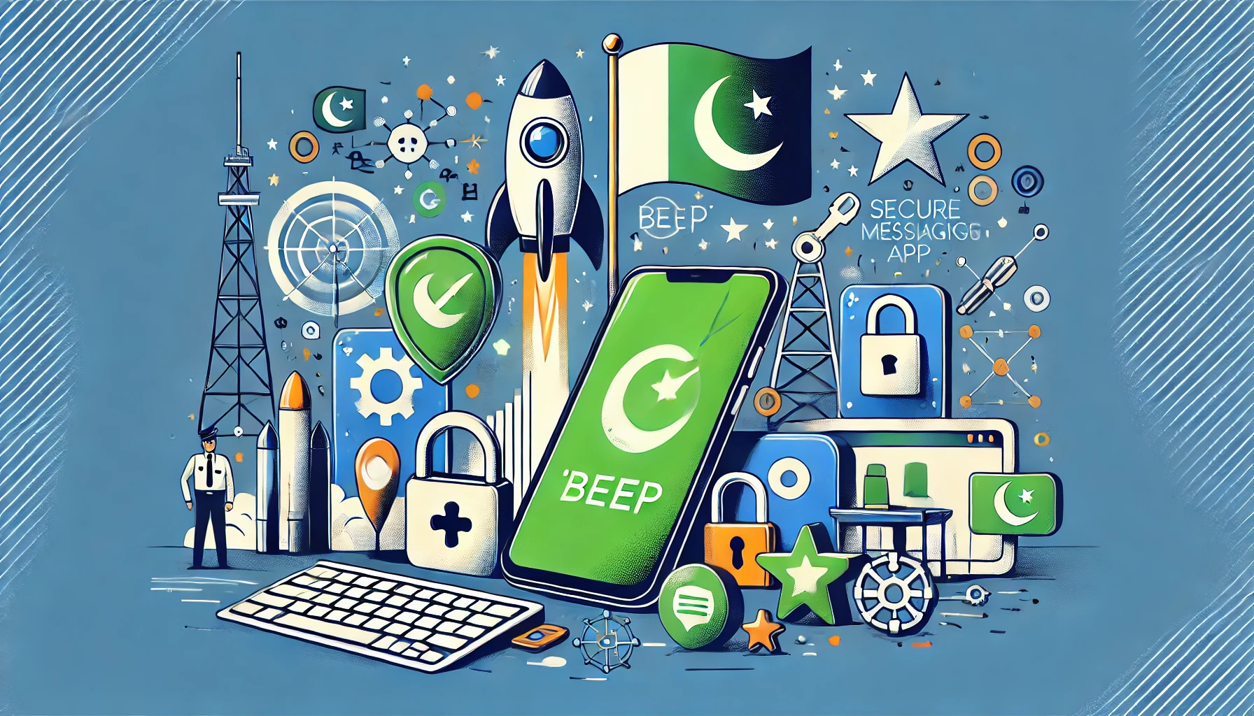 A modern and professional illustration depicting the launch of 'Beep,' a secure messaging app developed by Pakistani engineers. Include elements like