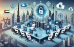 A professional and modern illustration depicting the UAE's new cybersecurity policies. Include elements like cloud computing, data security, IoT security