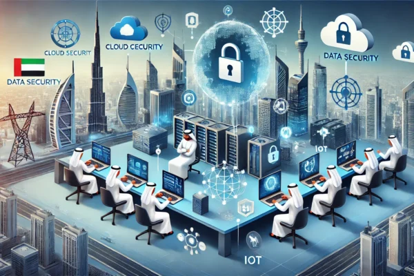 A professional and modern illustration depicting the UAE's new cybersecurity policies. Include elements like cloud computing, data security, IoT security