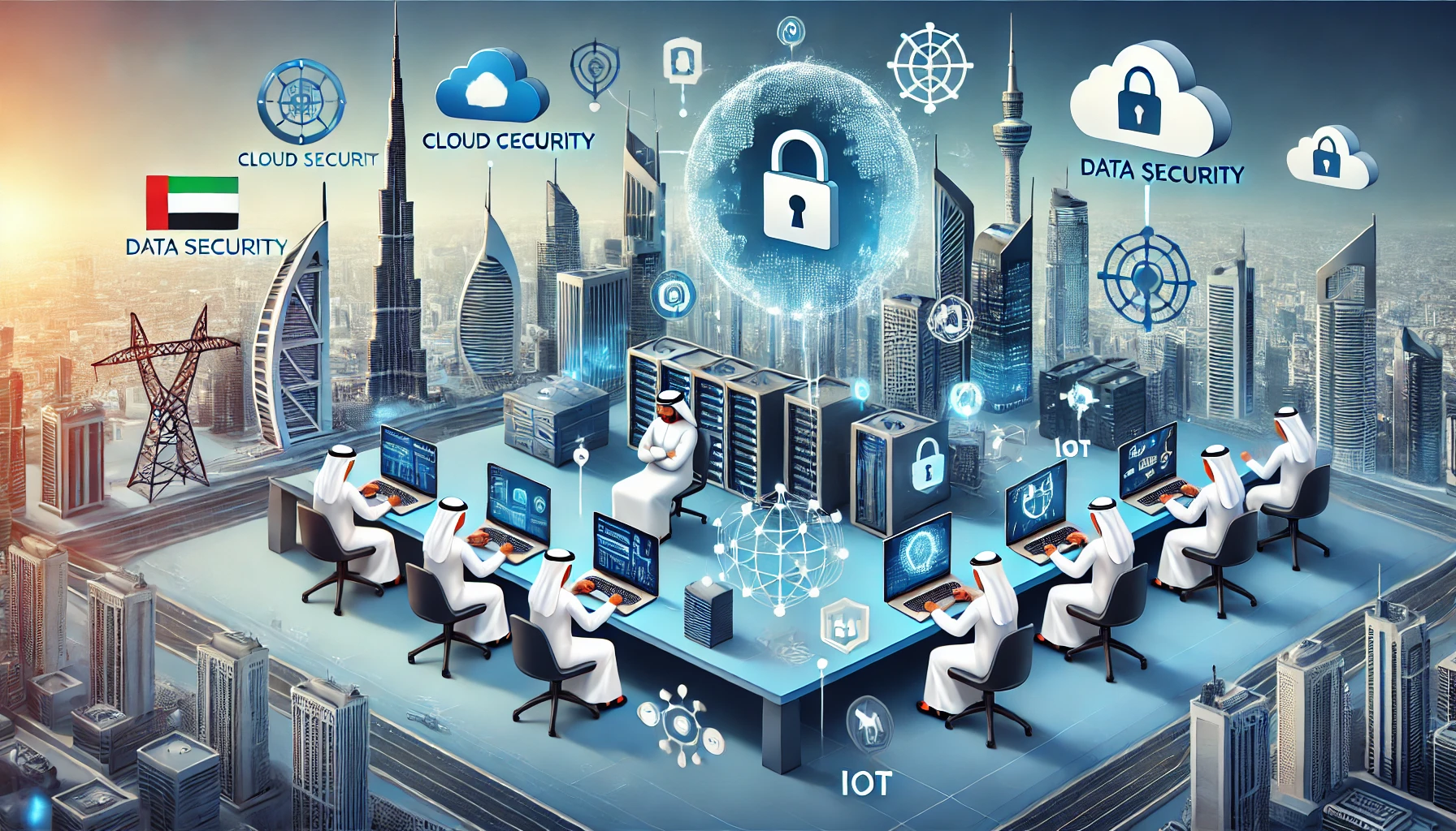 A professional and modern illustration depicting the UAE's new cybersecurity policies. Include elements like cloud computing, data security, IoT security