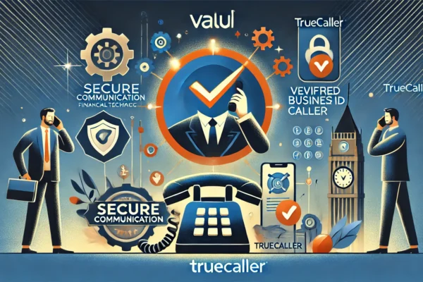 A professional and modern illustration depicting the partnership between Valu and Truecaller. Include elements like secure communication, financial tech