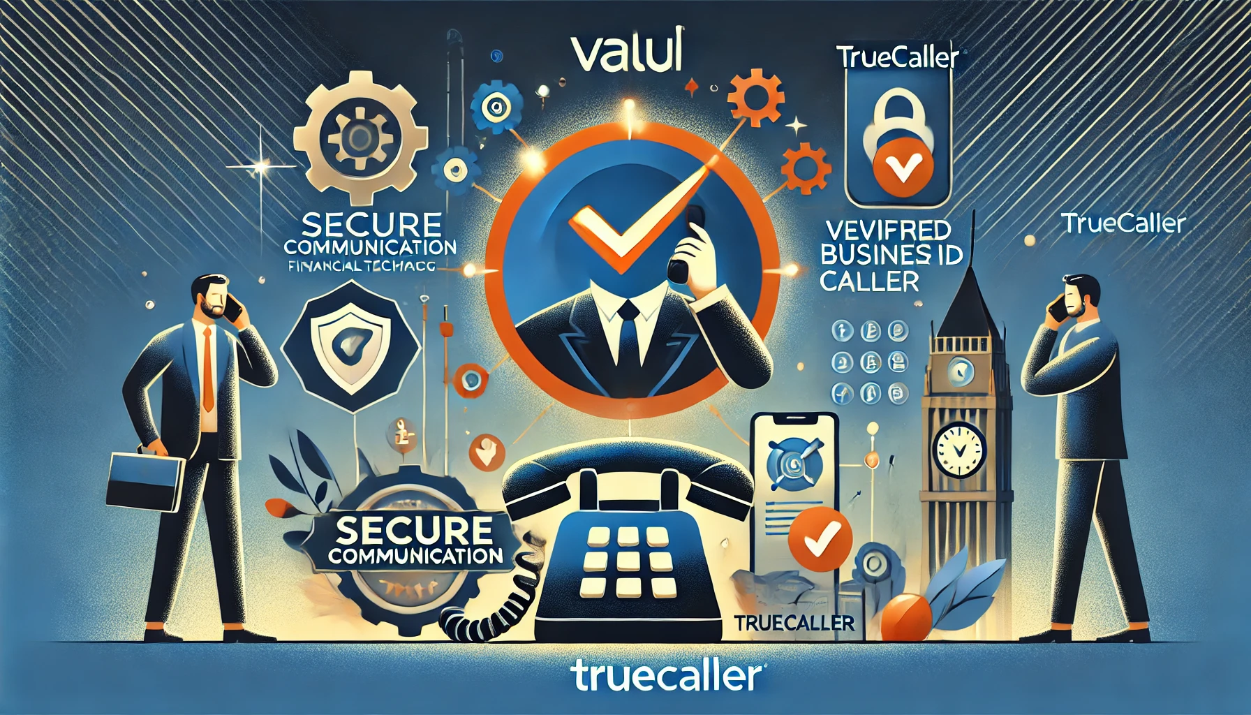 A professional and modern illustration depicting the partnership between Valu and Truecaller. Include elements like secure communication, financial tech