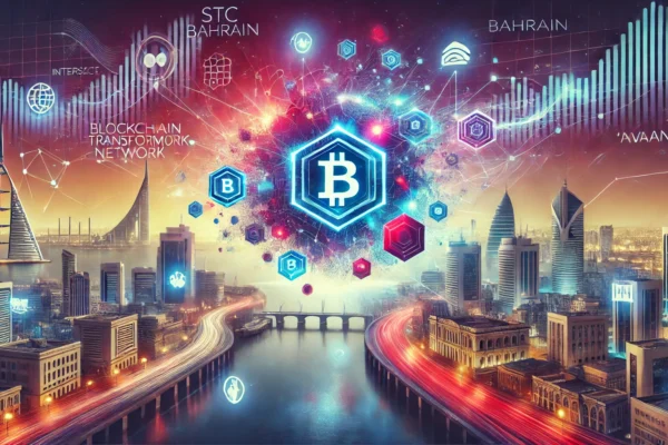 A modern, dynamic illustration showcasing the launch of STC Bahrain's blockchain network 'Intersect' on Avalanche. The image features futuristic block