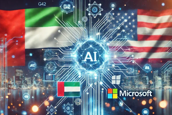 A modern, dynamic image featuring elements of artificial intelligence technology and collaboration. The image includes digital connections, AI symbols