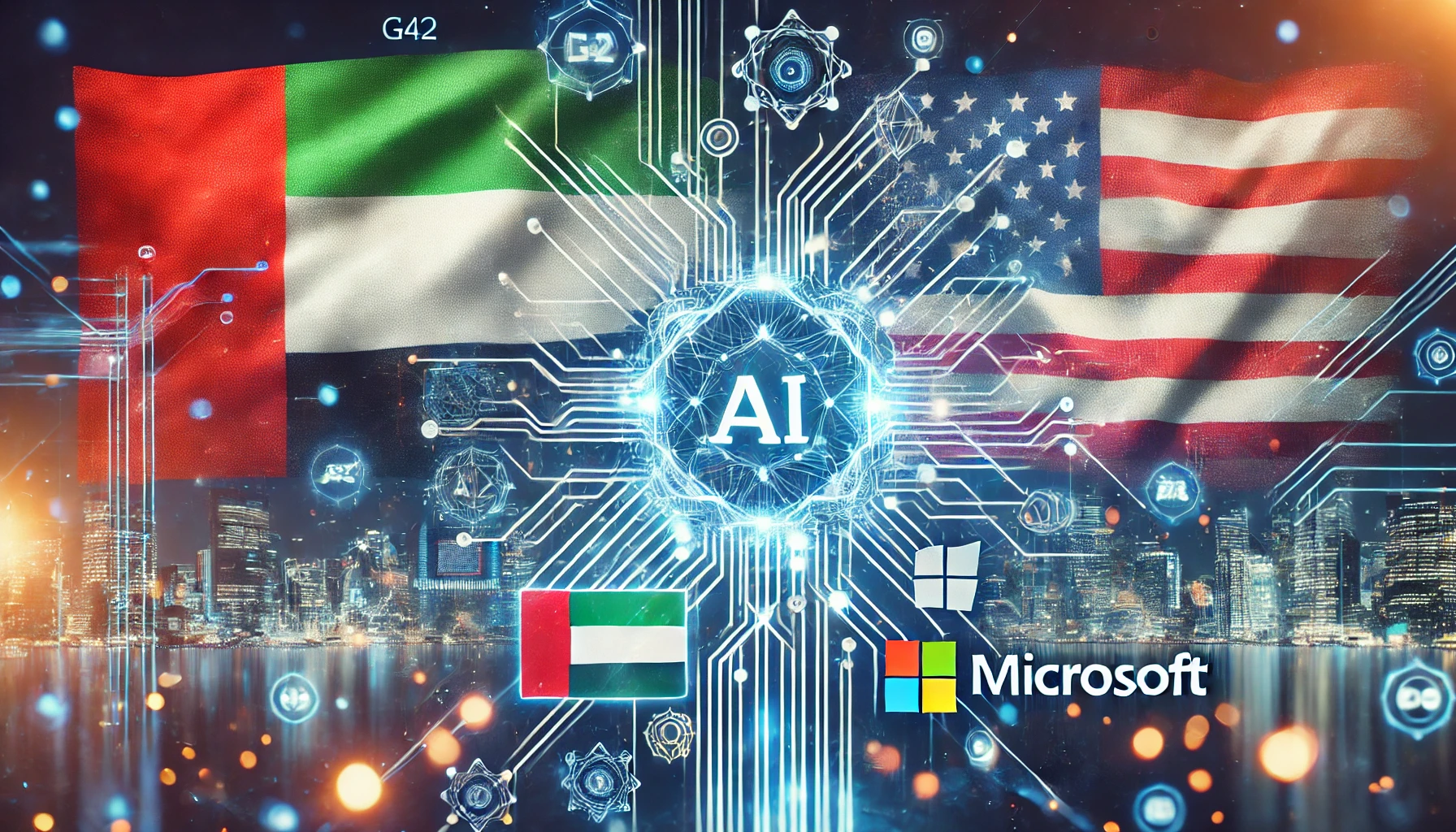 A modern, dynamic image featuring elements of artificial intelligence technology and collaboration. The image includes digital connections, AI symbols