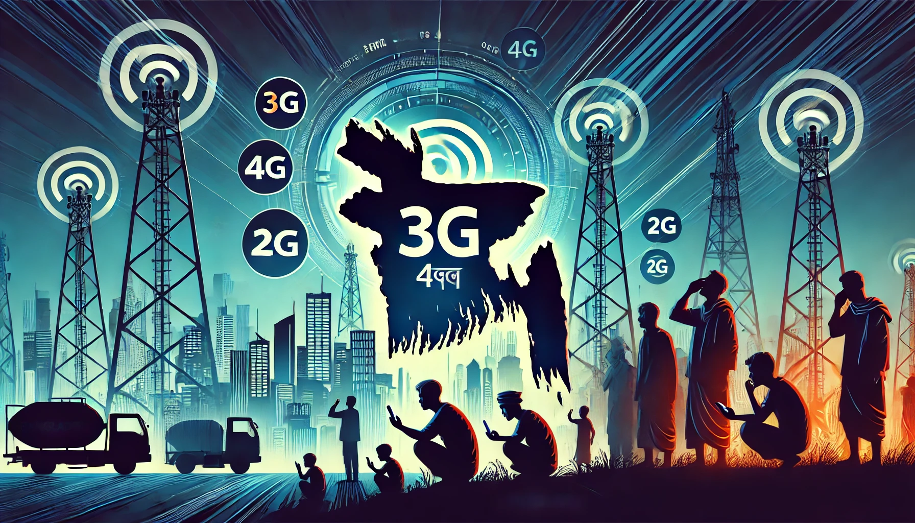 A modern digital illustration depicting the urgent call to restore mobile internet services in Bangladesh. The image features symbols of mobile connect