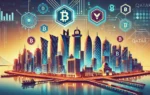 A modern digital illustration showcasing Qatar's advancement in digital assets and currency. The image features elements like blockchain symbols, digital