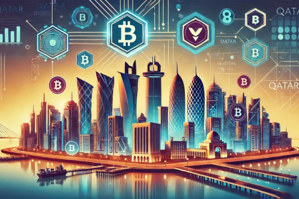 A modern digital illustration showcasing Qatar's advancement in digital assets and currency. The image features elements like blockchain symbols, digital