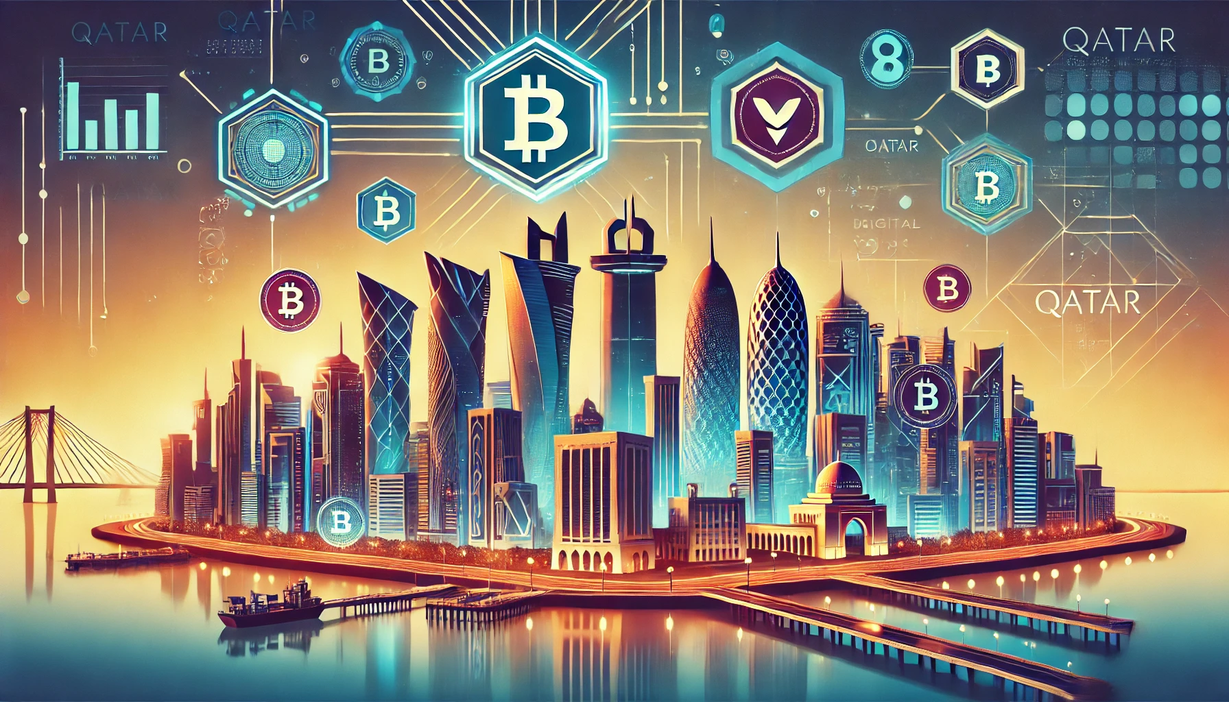 A modern digital illustration showcasing Qatar's advancement in digital assets and currency. The image features elements like blockchain symbols, digital