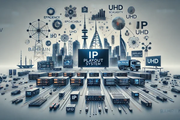 A modern digital illustration showcasing Bahrain TV's new IP playout system. The image features advanced broadcast technology elements like IP-capable