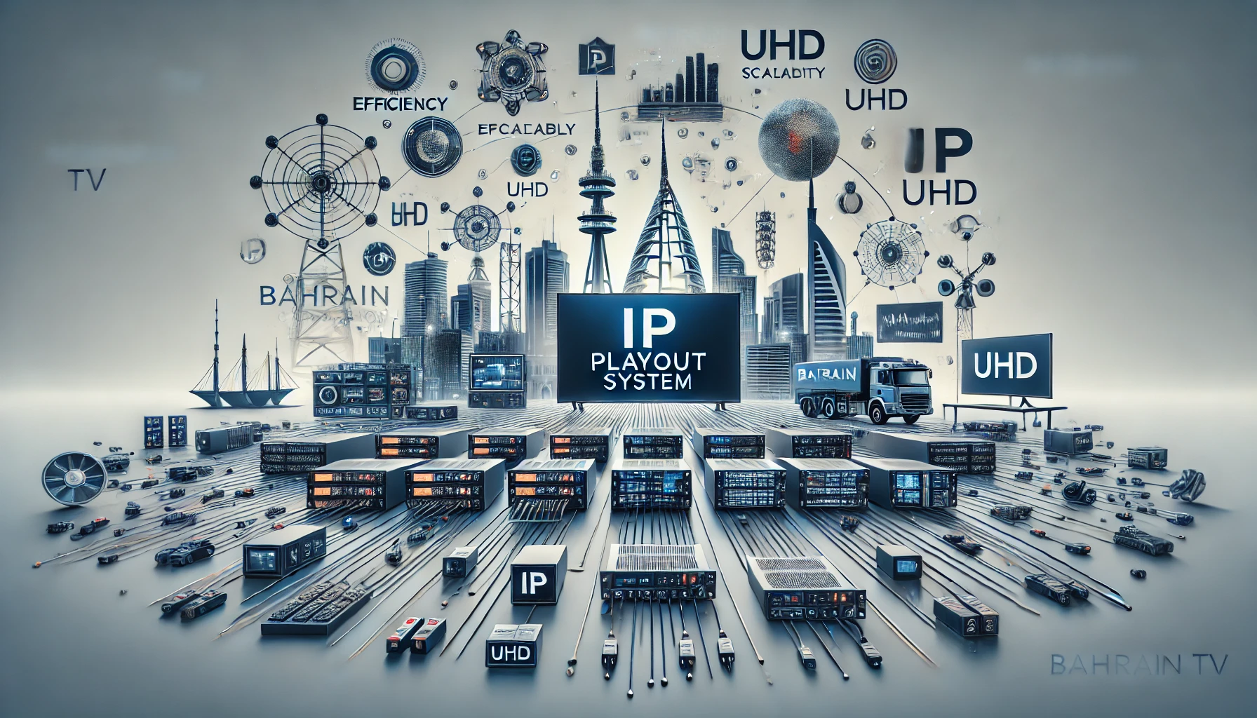 A modern digital illustration showcasing Bahrain TV's new IP playout system. The image features advanced broadcast technology elements like IP-capable