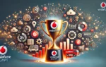 A modern digital illustration celebrating Vodafone Egypt's top ranking in network performance. The image features Vodafone's logo, a trophy, and icons