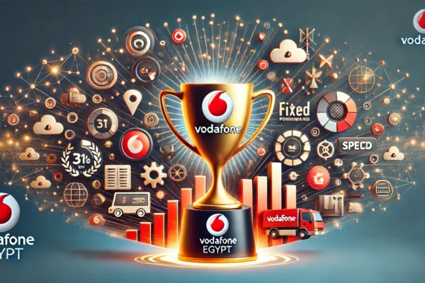 A modern digital illustration celebrating Vodafone Egypt's top ranking in network performance. The image features Vodafone's logo, a trophy, and icons