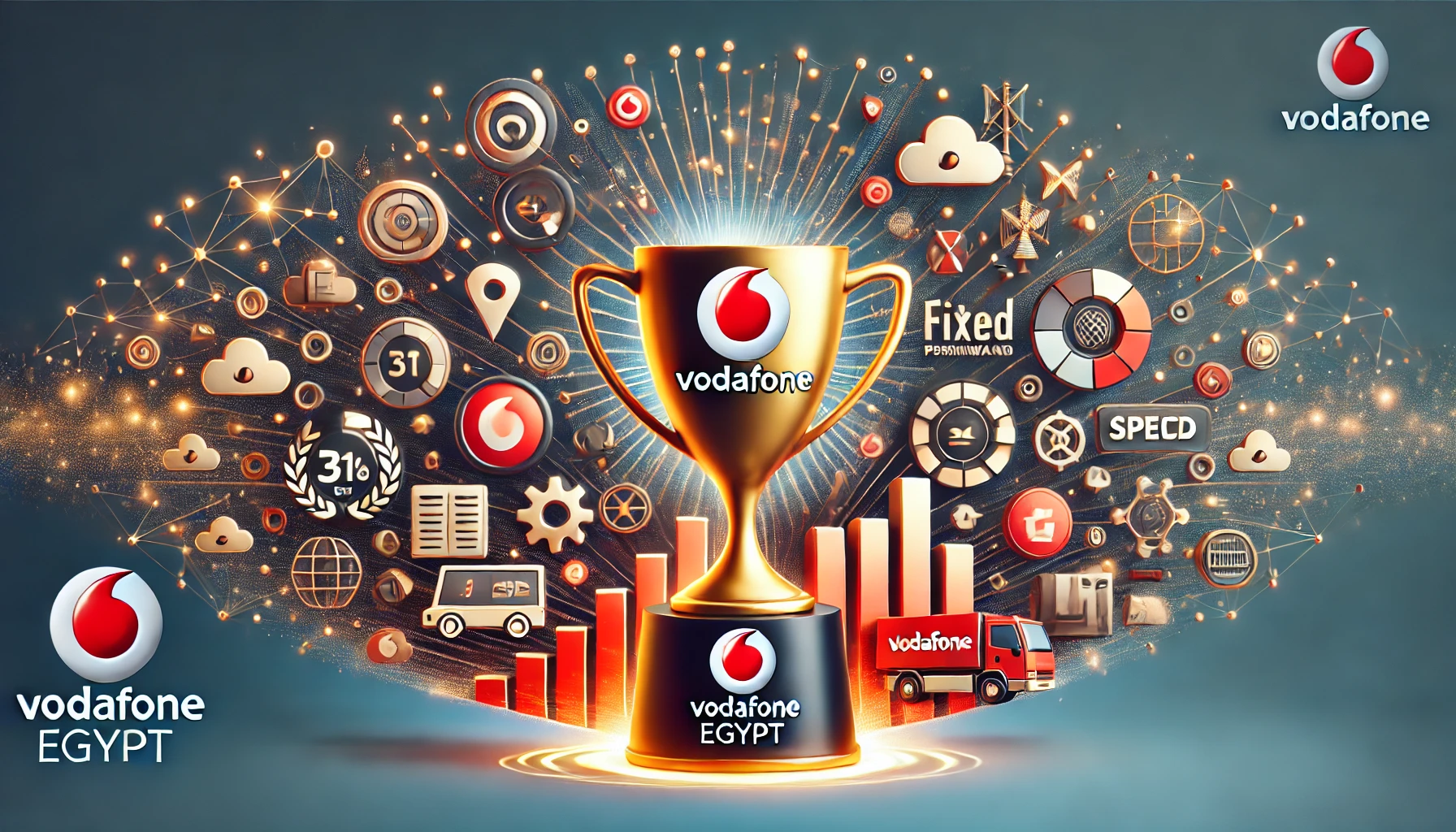 A modern digital illustration celebrating Vodafone Egypt's top ranking in network performance. The image features Vodafone's logo, a trophy, and icons