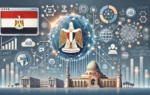 A modern digital illustration showcasing Egypt's new digital platform for diaspora academics. The image features elements like a digital network, academic