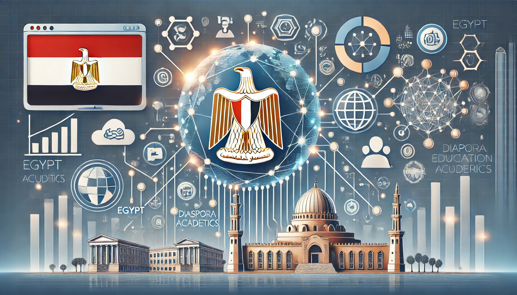 A modern digital illustration showcasing Egypt's new digital platform for diaspora academics. The image features elements like a digital network, academic