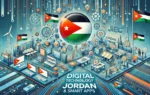 A vibrant digital illustration depicting Orange Jordan's sponsorship of the Digital Technology & Smart Apps Exhibition at JIEC. The image features element